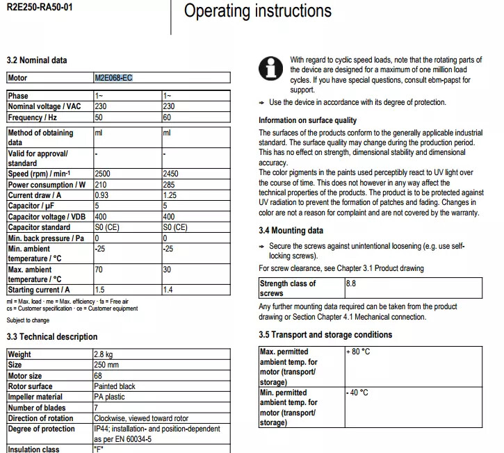 R2E250-RA50-01 R2E250-AS47-09 Centrifugal Fan 230VAC 1.25A Cooling Fan - Image 8